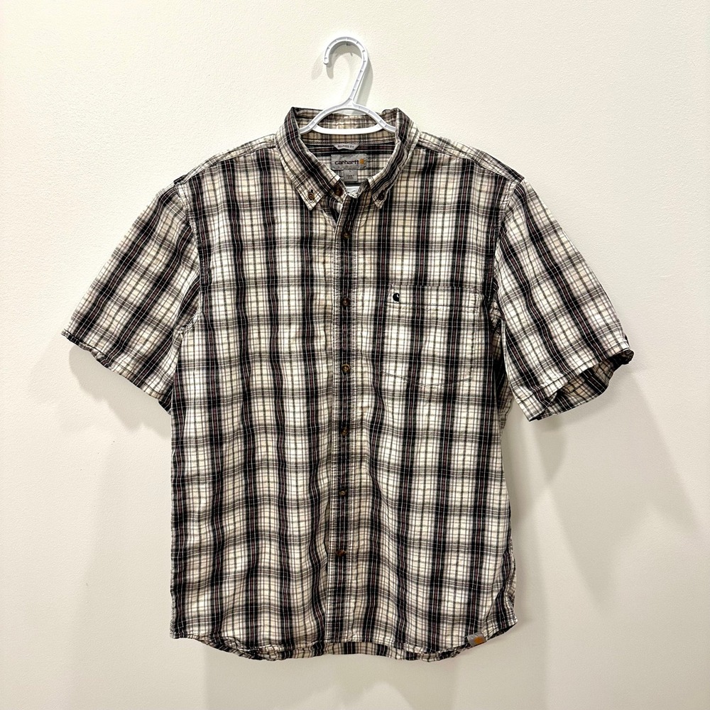 Carhartt Mens Relaxed Fit Plaid Short Sleeve Button Down Shirt Cream Black L